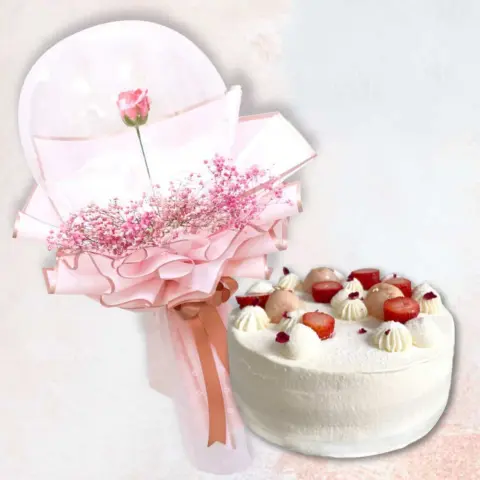 Soap Rose in Ball and Lychee Strawberry Soap rose in a balloon and a lychee strawberry cake