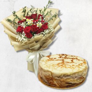 Durian Millecrepe and Red Rose Bouquet