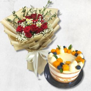 Mango Passion Fruit Cake and Red Rose Bouquet